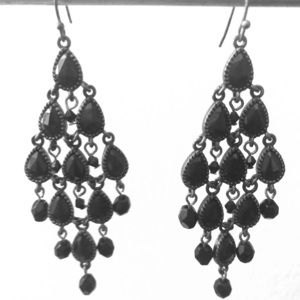Vintage black beaded chandelier dangle earrings.